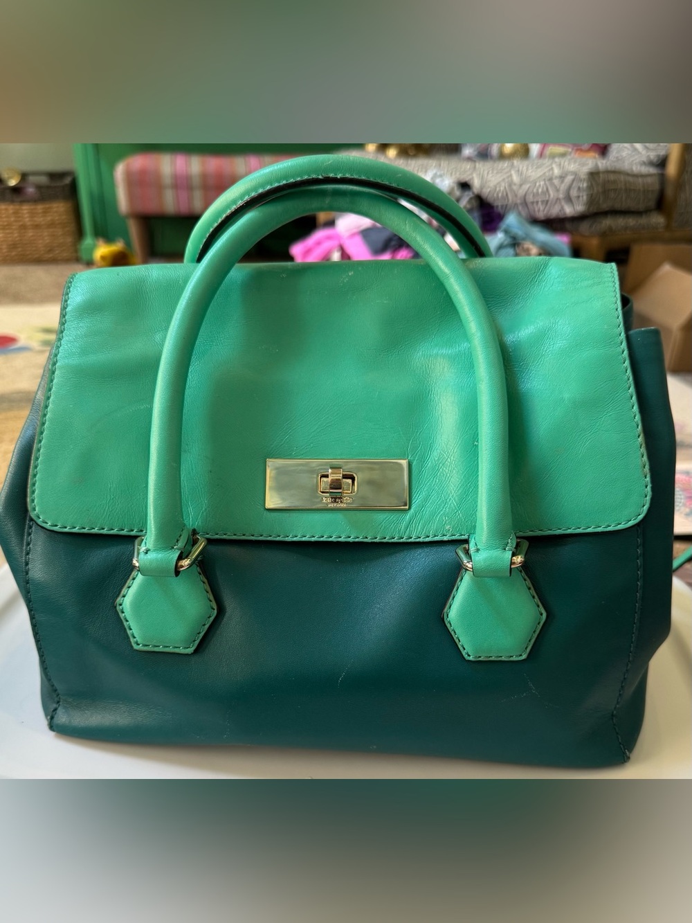Kate Spade Catherine Street Joanie Emerald Green Colorblock Leather Satchel